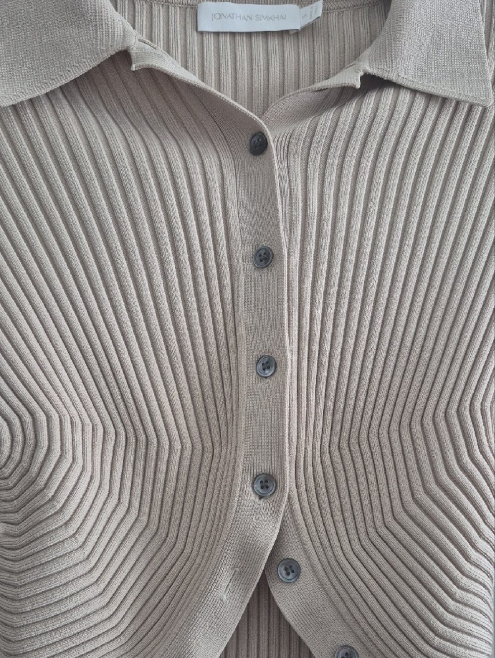 Simkhai Ribbed Collared Button-Front Beige Crop Sweater, Small - Picture 6 of 16